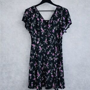Kaileigh Black Mini Wrap Dress with Pink Floral Print